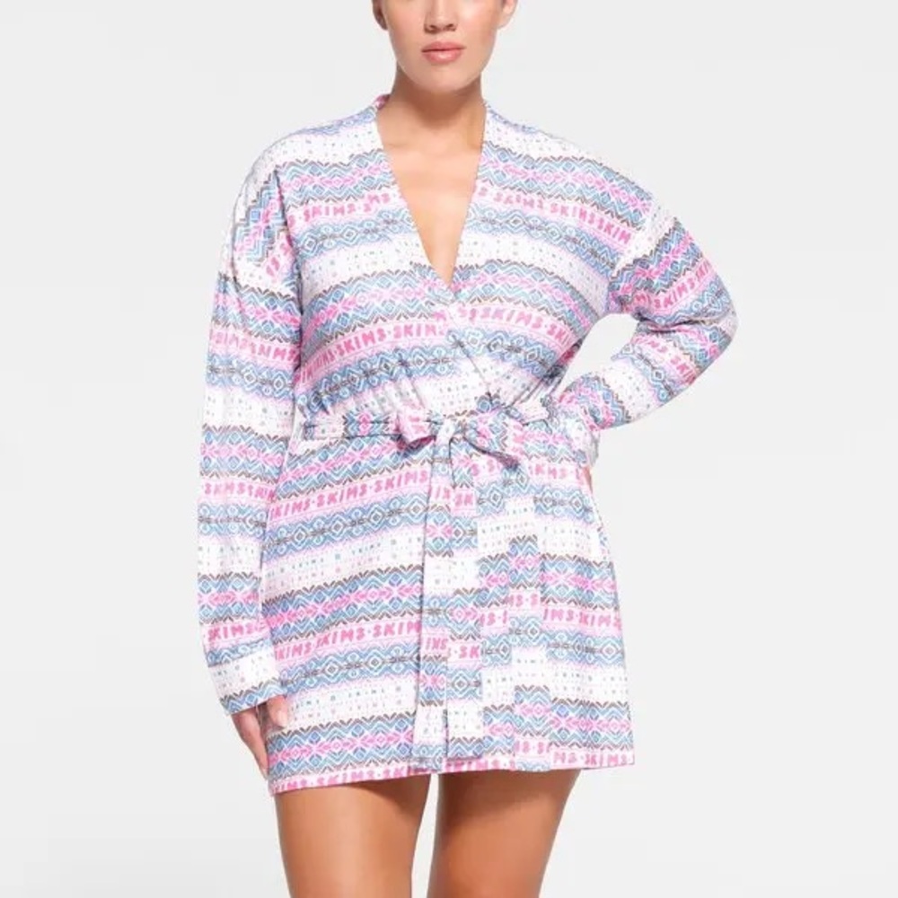 Skims Logo Plush Pointelle Robe Opal Fair Isle Ultra Soft Pink Blue White NWT